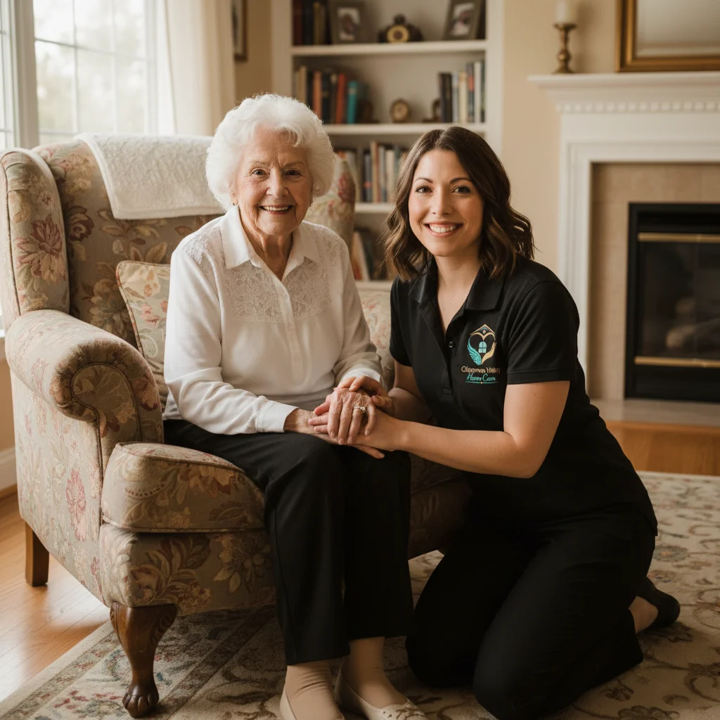 A caregiver supporting an older adult at home